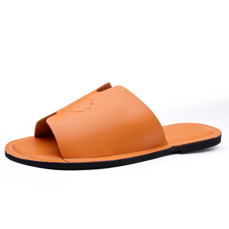 Herren Schwarz Leder Hausschuhe Handgemacht Einfache Flache Schuhe Sommer Orange Römische Sandalen Offene Zehen Strand Schuhe Übergröße