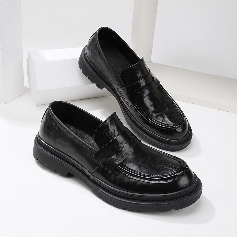 Popular Hand-Grabbed Calfskin Men'S Loafers Thick-Soled Heightening Four-Season Shoes Business Casual Leather Shoes Doudou Shoes