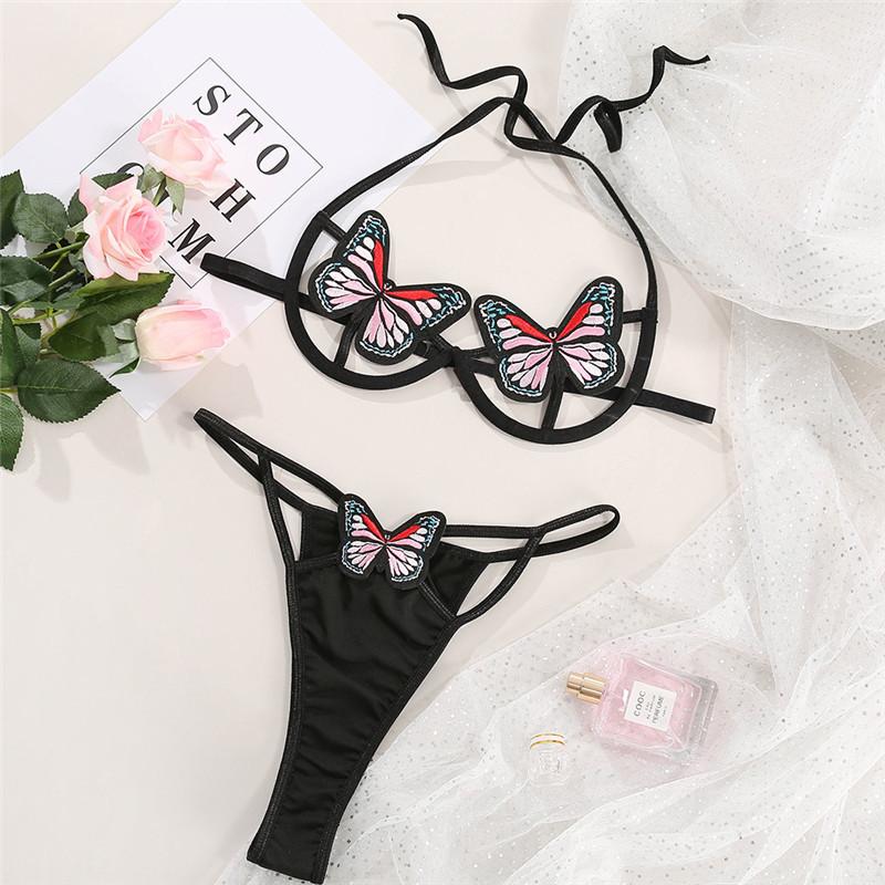 Products, new European and American erotic underwear, sexy hollow butterfly split bikini two-piece set S