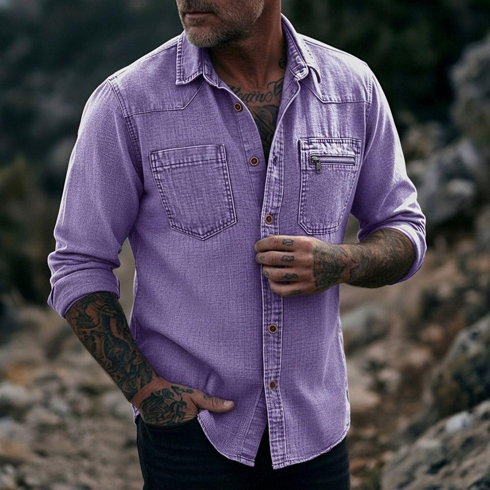 Camicia da uomo vintage in denim lavato a maniche lunghe con bottoni e tasca con zip, casual, da lavoro