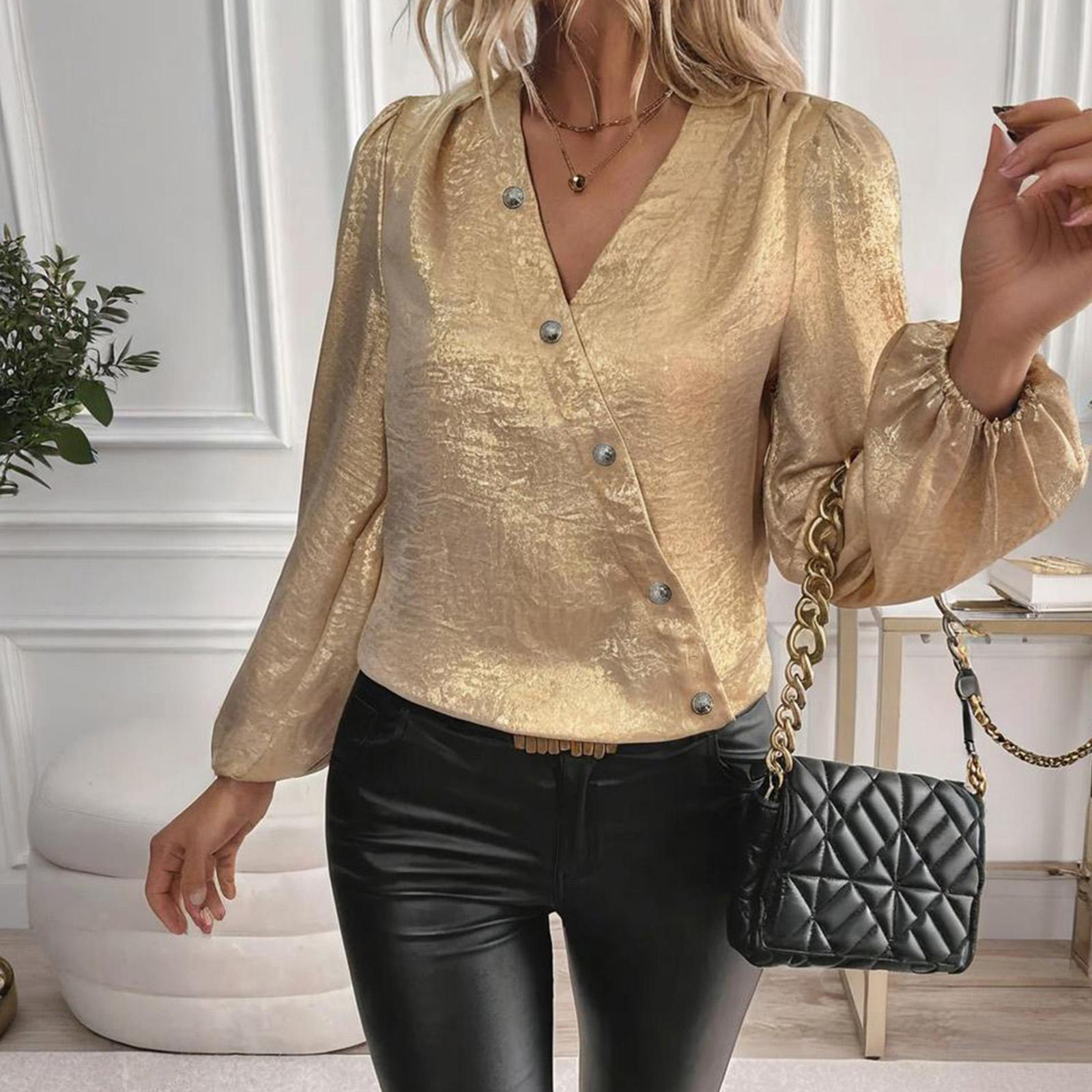 

Women s Fashionable Casual Loose-Fitting New V-Neck Color Long-Sleeved Single-Breasted Shirt Plus Size Top XXL золотой