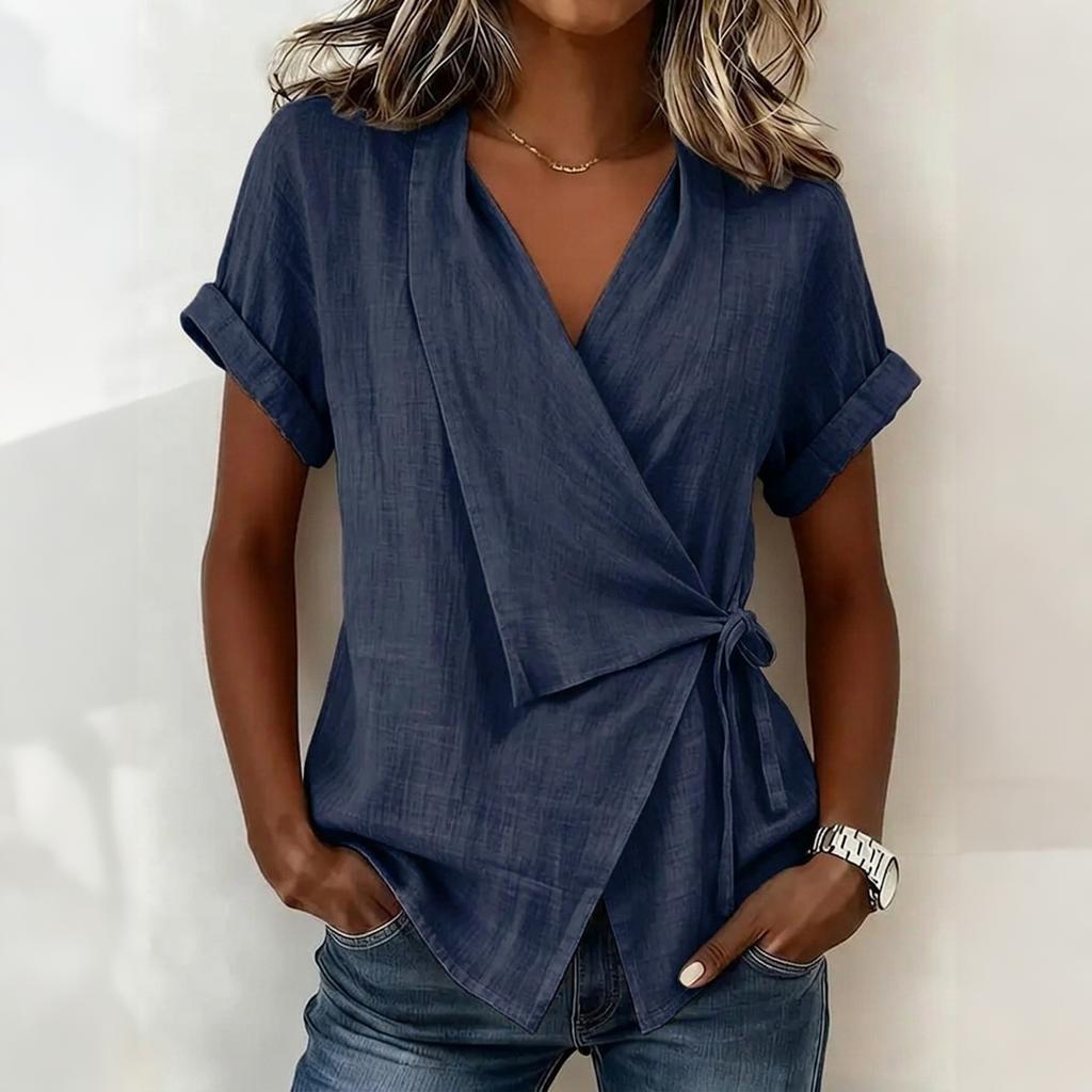 Women Short Sleeve V Neck Wrap Blouse Loose Fit Tie Front Irregular Hem Summer Casual Top