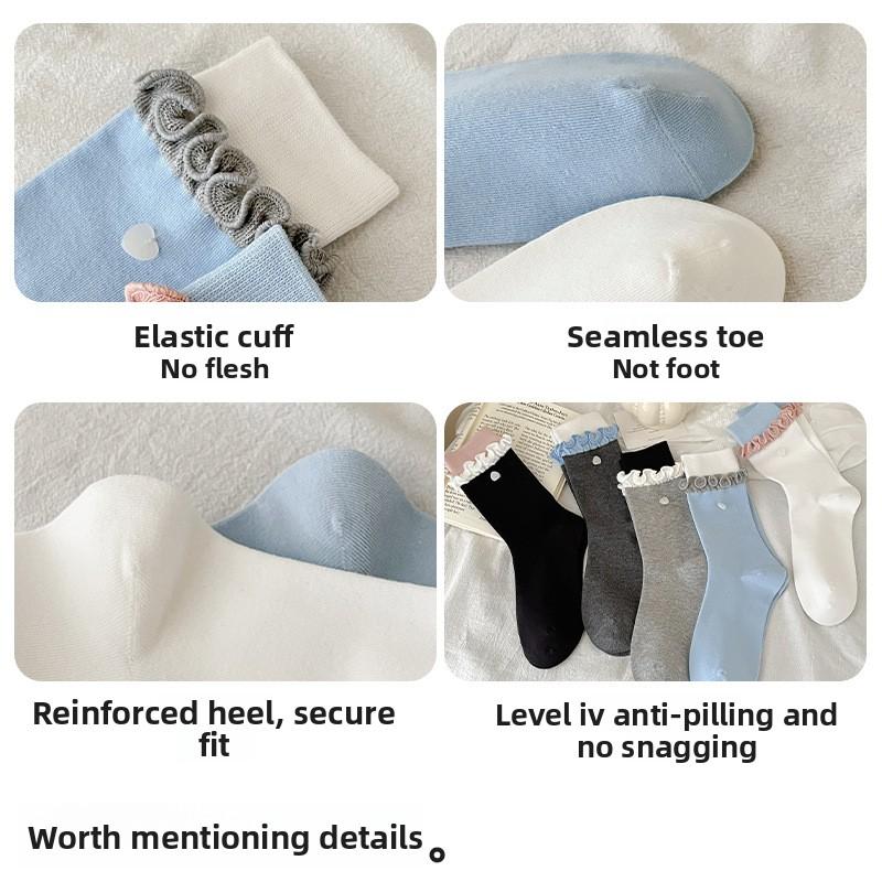 Boneless Female Spring and Autumn Socks, Black Ear-rimmed Heart-shaped Button Shell Mid-calf Socks, Sweet