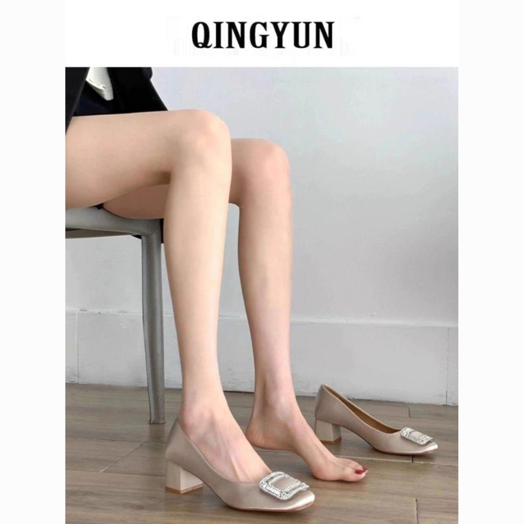 Women's 2025 Spring/Autumn Square Toe Rhinestone High Heels with French Satin Buckle