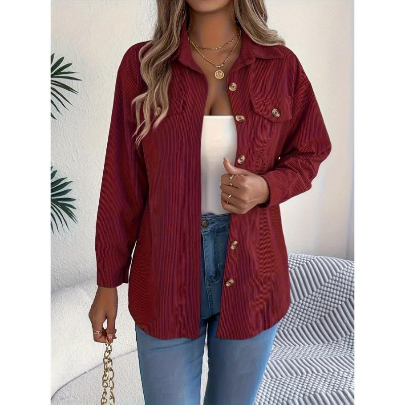 Women's Elegant Non-Stretchy Corduroy blouse - Formal Everyday Chic Shirt in, Button-Front Placket, All-Season Women's Clothing, Casual Outfits