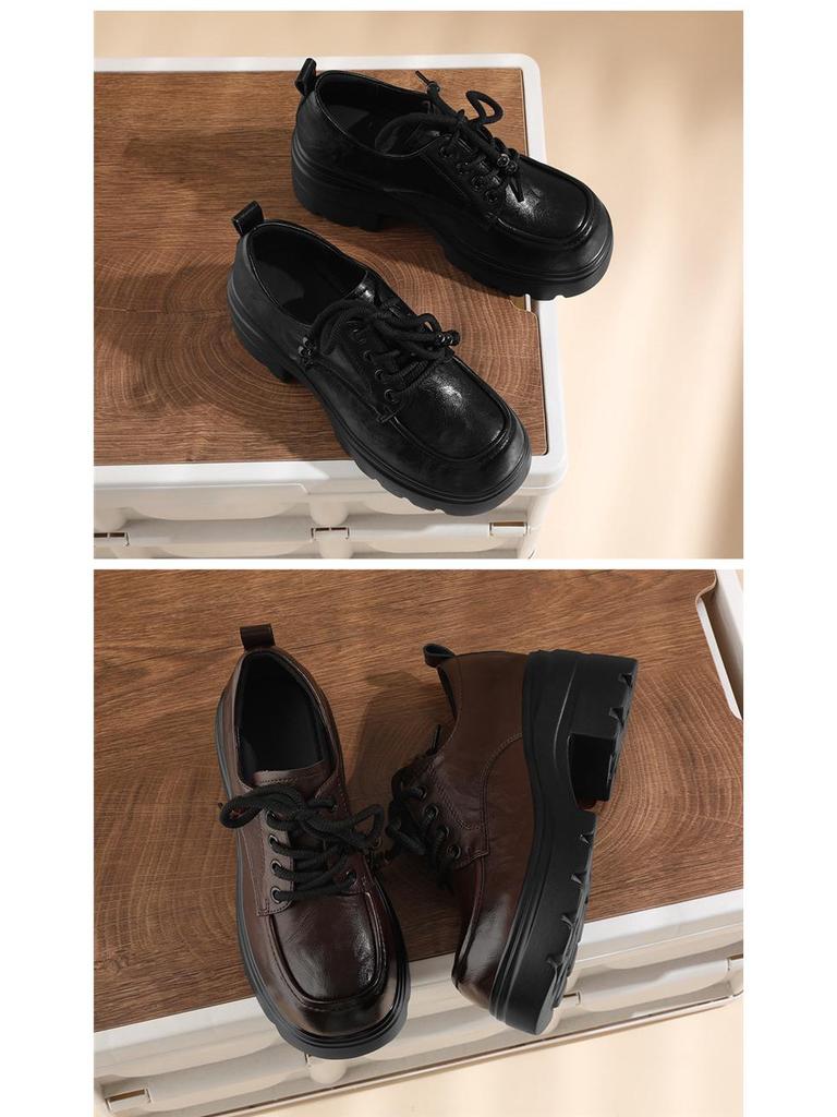 Golden Rabbit 2025 Herfst Dames Leren Ronde Neus Vetersluiting Britse Stijl Loafers