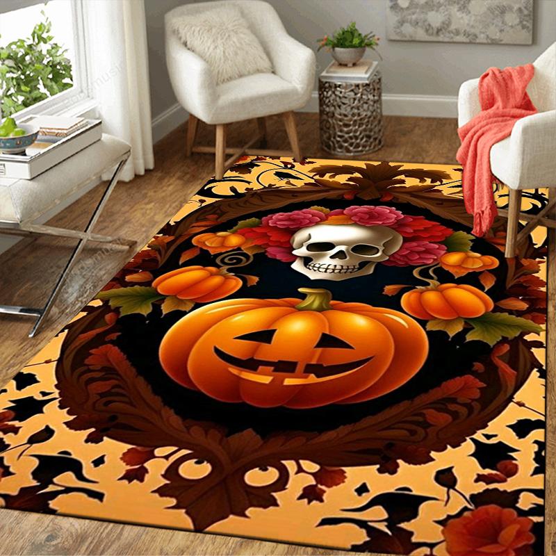 1Pc Halloween Skull Pumpkin Rug, Office Carpet Indoor Outdoor Doormat, Non-Slip, Comfortable, Living, Christmas Halloween, Xmas Gift Eg116