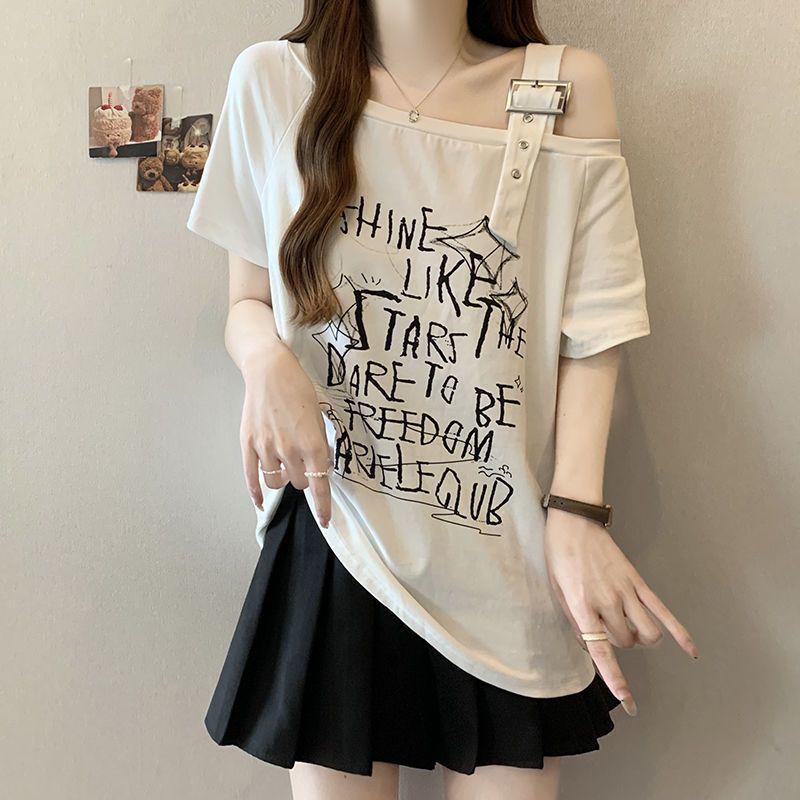 Damen Plus Size One-Shoulder T-Shirt mit Buchstaben - Schlankmachendes Lässiges Sommeroberteil