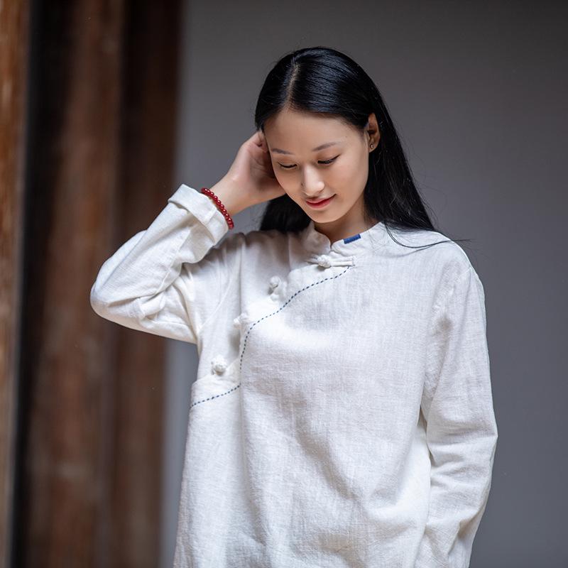 

New Women s Hand-stitched Cotton Linen Retro Shirt, Stand Collar, Lapel, Frog Button, Long Sleeve, Chinese Style. One Size