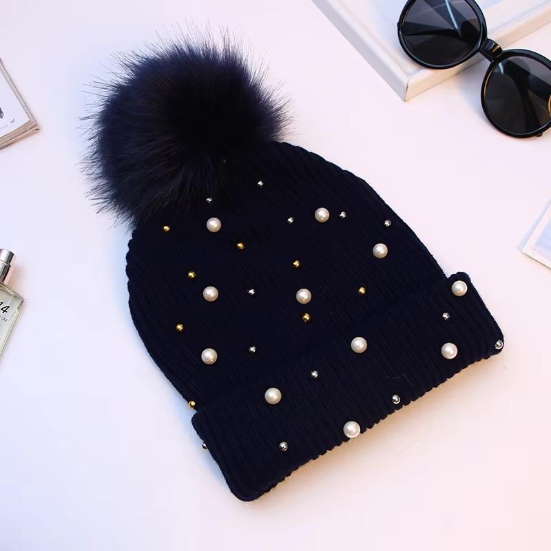 Fashion Winter Pearls Rhinestone Beading Rivet Knitted Mao Line Hat Women Thickened for Keep Warmth Fluffy Fur Ball Ear Protection Knitted Hat