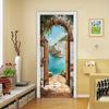Adesivos de porta com tema oceano azul apresentando designs de arcos de pedra e papel de parede de paisagem mediterrânea, adequados para decoração de casa.
