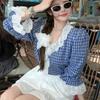 Women's Checkered Shirt Loose V-neck Lace Patchwork Design Famale Puff Sleeve Blouse Spring Summer Daily Fashion Ladies Pullover Top