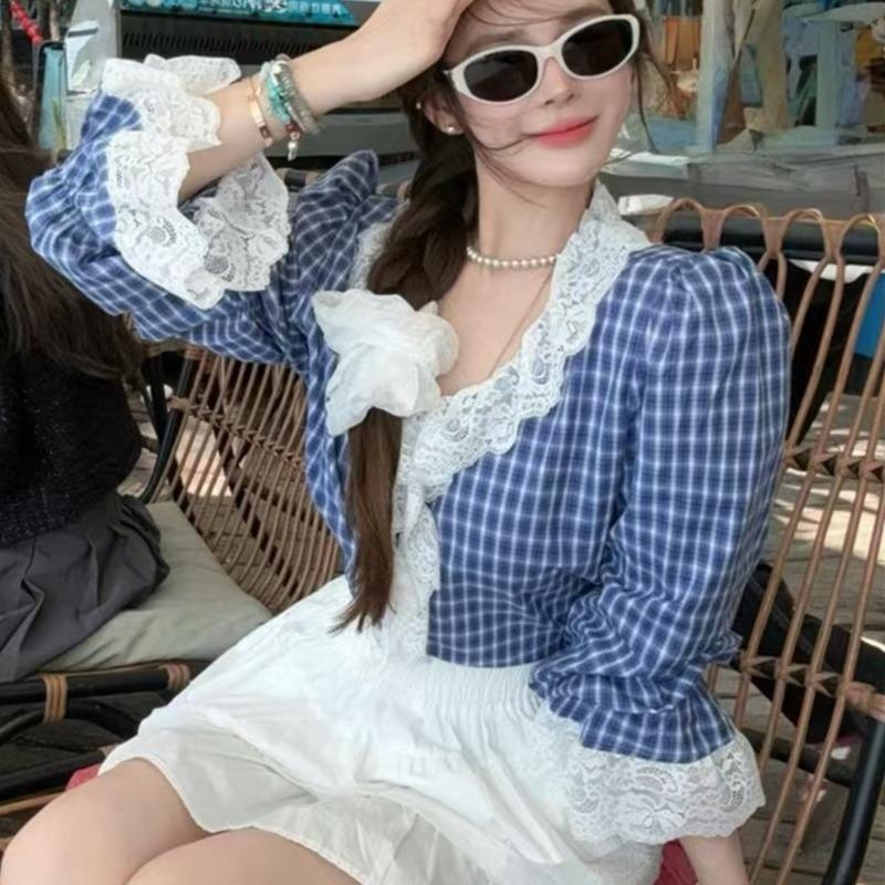Women's Checkered Shirt Loose V-neck Lace Patchwork Design Famale Puff Sleeve Blouse Spring Summer Daily Fashion Ladies Pullover Top
