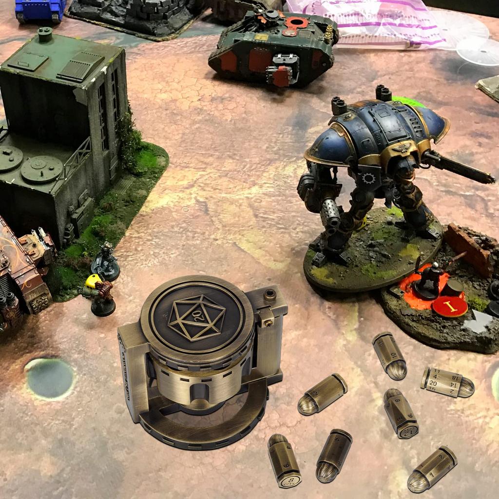 CZYY Set di 7 dadi proiettile poliedrici in metallo con contenitore cilindrico rotante per revolver Dadi in stile cyberpunk per giochi da tavolo a tema Warhammer e crimine