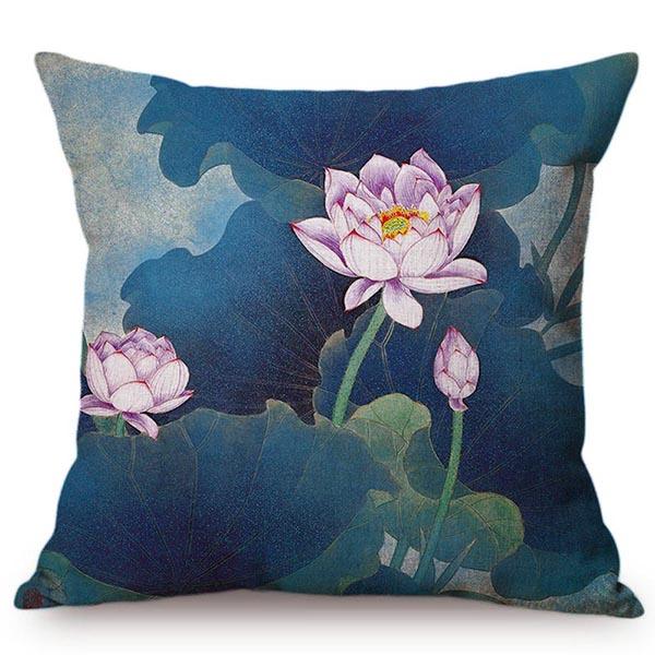 Chinese Vintage Watercolor Painting Lotus Cushion Cover Beautiful Elegant Home Decorative Summer Flowers Bird Throw Pillow Case
