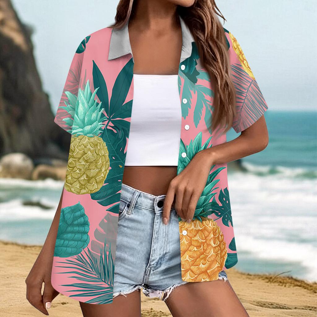 Women's fashionable casual Hawaiian print short-sleeved button-down collar shirt top