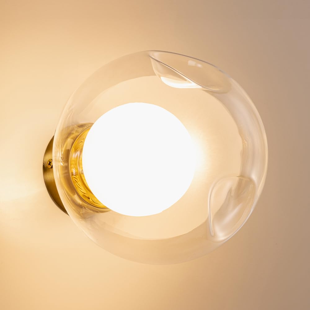 

Chende Wall Lamp, Nordic Round, Clear and Milky White Glass, Two-Layer Design, Stylish, LED Compatible, Single Brass Globe, Wall-Mounted Lighting for