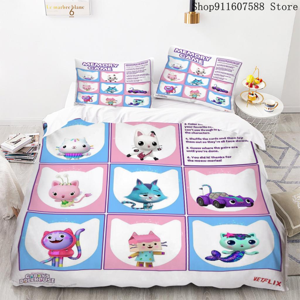 Gabby's Dollhouse Bedding Set Kawaii Bed Linen Set Single Double Size Home Decor For Girls Kids Cartoon Cute Cat Duvet Cover Set