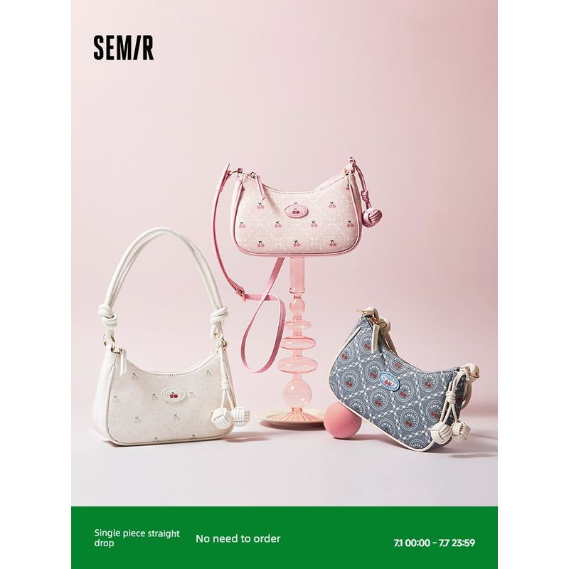

Senma Bag Underarm Bag Women 2024 New Sweet Cherry Print Messenger Bag Small Cute Texture Handbag Milk White 10501