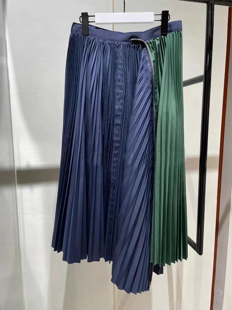 FOG SACAI SS23 Striped Patchwork Zipper Midi Skirt - Casual Pleated Design