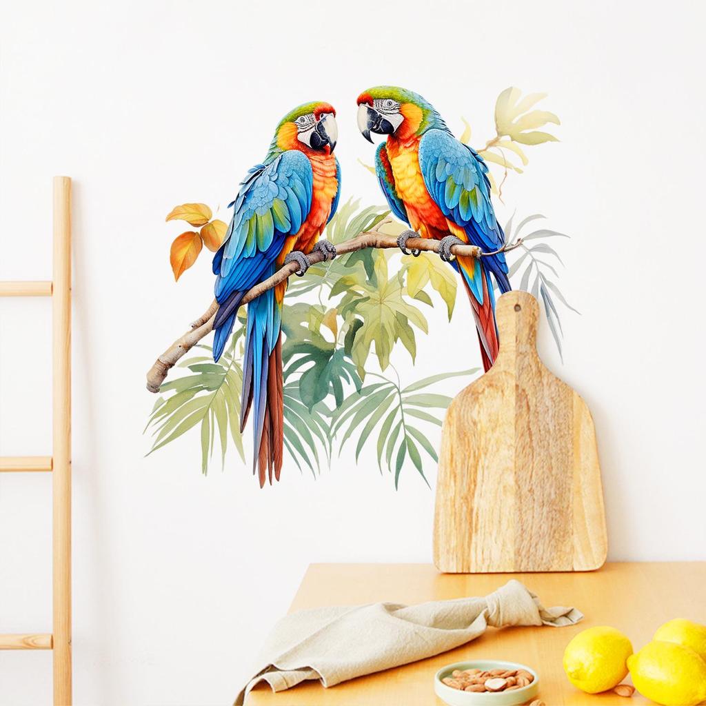 Dekorativer Wand- und Deckenaufkleber mit zwei Papageien auf einem Ast für Zuhause