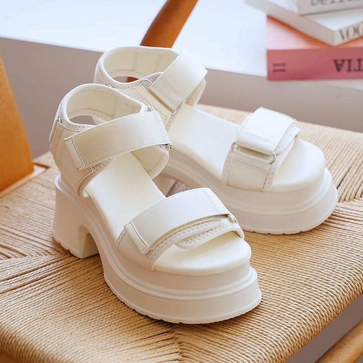 Platform Sandals for Ankle Strap Velcro Sports Sports M [Vivian] 9.5cm Women, Sandals, Sandals, V57017SM, Ivory, (23.0-23.5)