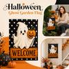 Halloween Garden Flag Ghost Holding Pumpkin Welcome Sign Polka Dot Background Outdoor Decorative Banner for Yard Patio