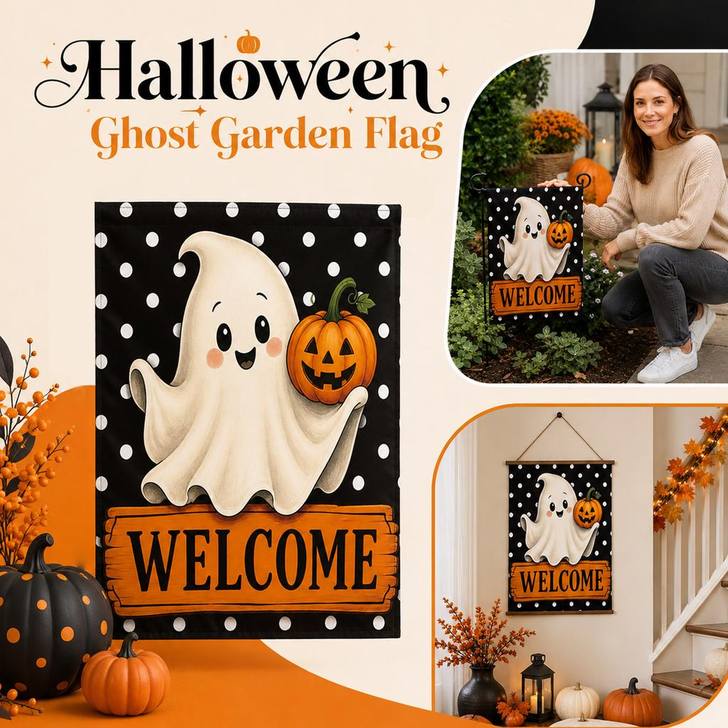 Halloween Garden Flag Ghost Holding Pumpkin Welcome Sign Polka Dot Background Outdoor Decorative Banner for Yard Patio