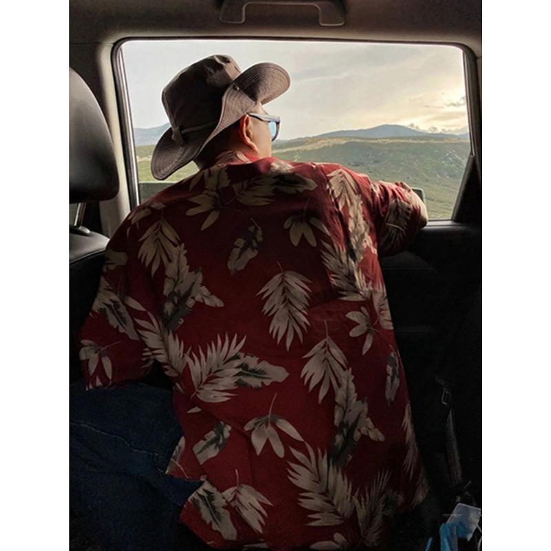 Men's Summer Casual Short Sleeve Shirts Red Leaf Print Lapel Button Down Loose Fit Breathable Hawaiian Beach Streetwear Tops