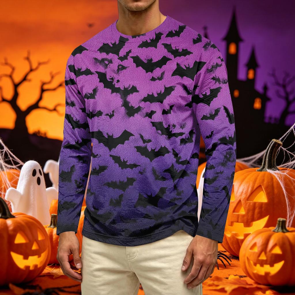 Men's Casual Long Sleeve Crew Neck T-Shirt with All Over Ghost Print Lightweight Comfortable Fit for Everyday Wear