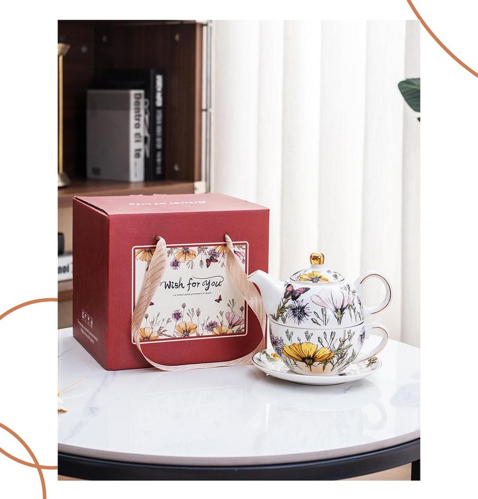 Elegant Floral Dream Coffee & Tea Set: Mother-Child Pot with Gift-Ready Cup & Saucer