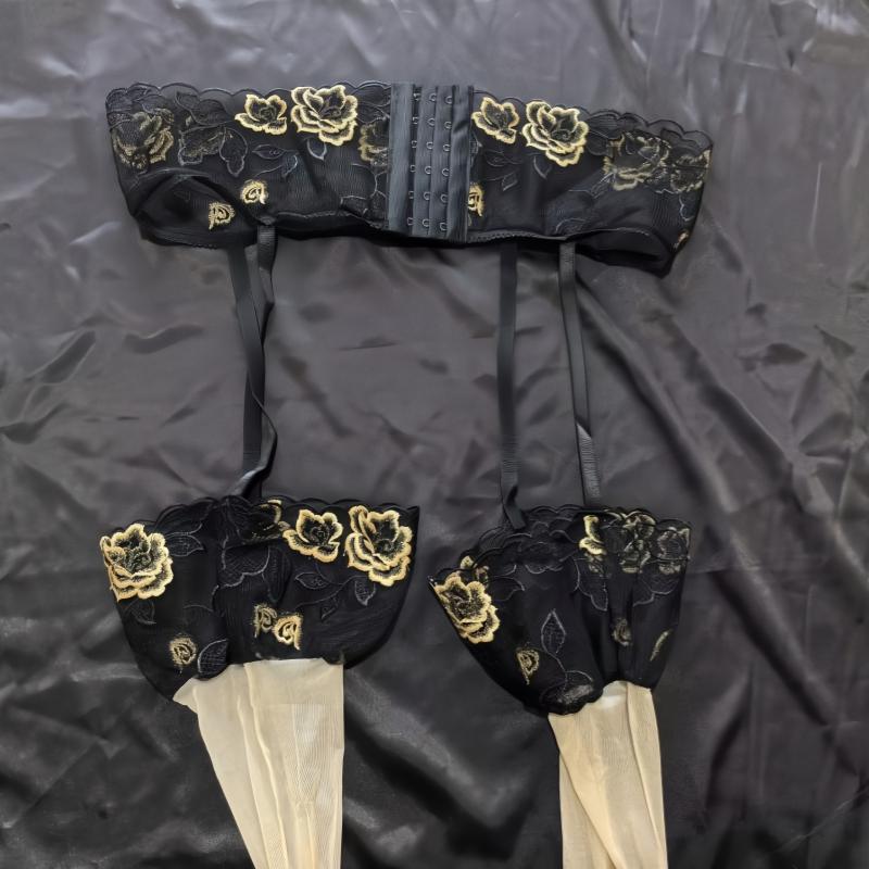 Damen Sexy Rückenverschluss Schmale Taille Cummerbund Goldstickerei Strumpfhalter Hosenträgergürtel Mit Öl Glänzende Oberschenkelhohe Strümpfe
