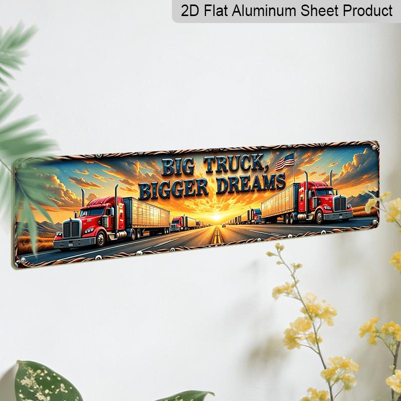 2D Flat, Vintage American Road Culture Aluminum Decorative Sign - Retro Red Truck & Flag Metal Decor with Frame Suitable for, Truck Stop, Restaurant