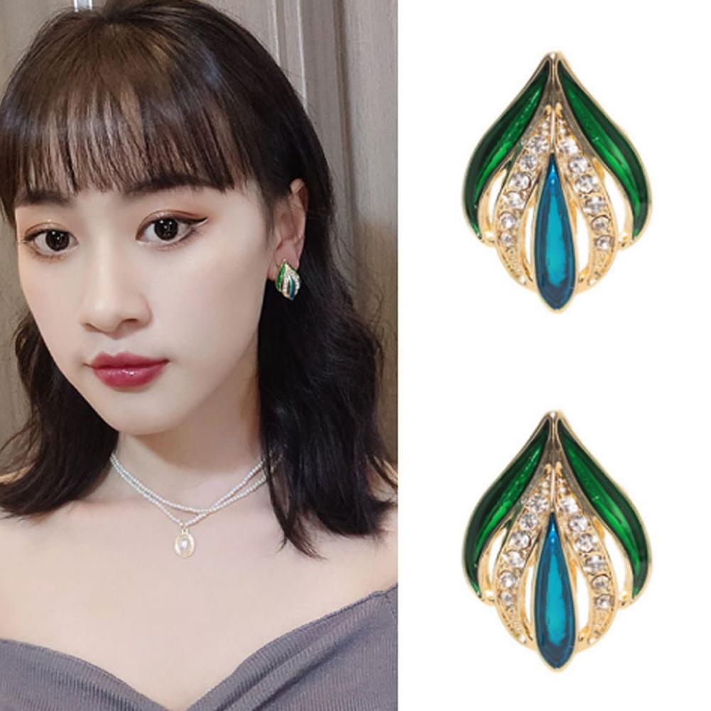 1 Pair of Women's Earrings Retro Style Leaf and Bud Colorful Glaze Diamond-mounted Ear Clip