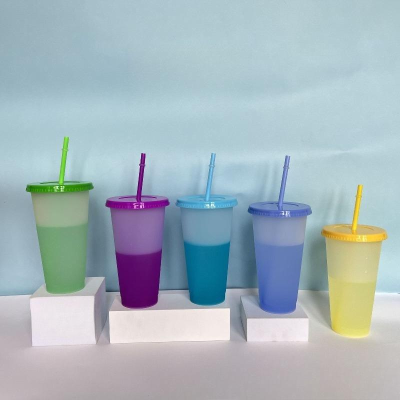 Hot 710ML PP Temperature Sensitive Color Changing Plastic Cup 24oz Large Capacity Water Cup Single-layer Transparent Straw Cup