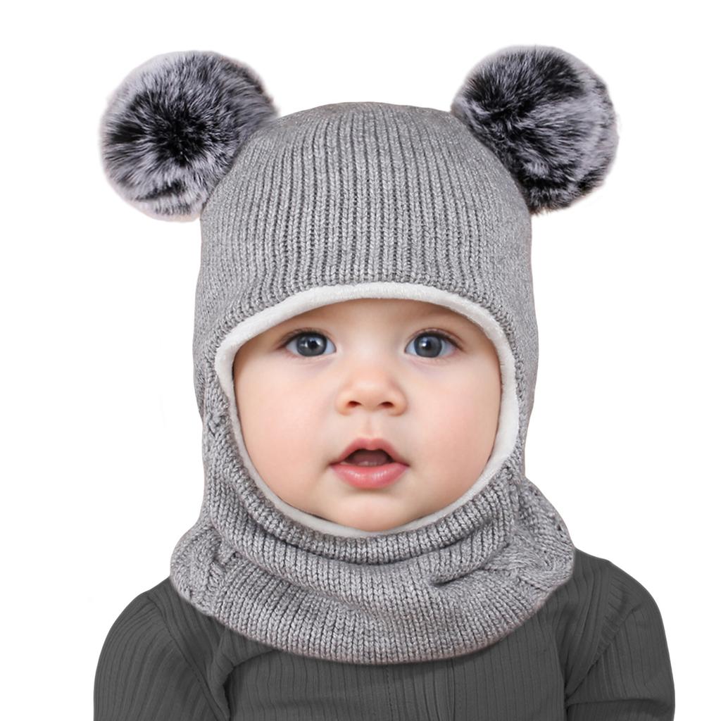 Winter Kids Balaclava Hat Double Pompom Knit Beanie Cap for Baby Boy Girl Warm Thick Fleece Lining Children One-piece Hat Scarf