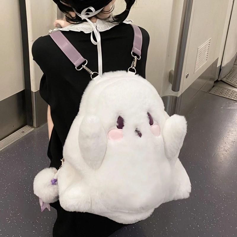 Plush Ghost Cartoon Student Backpack With Storage For Daily Use Girls