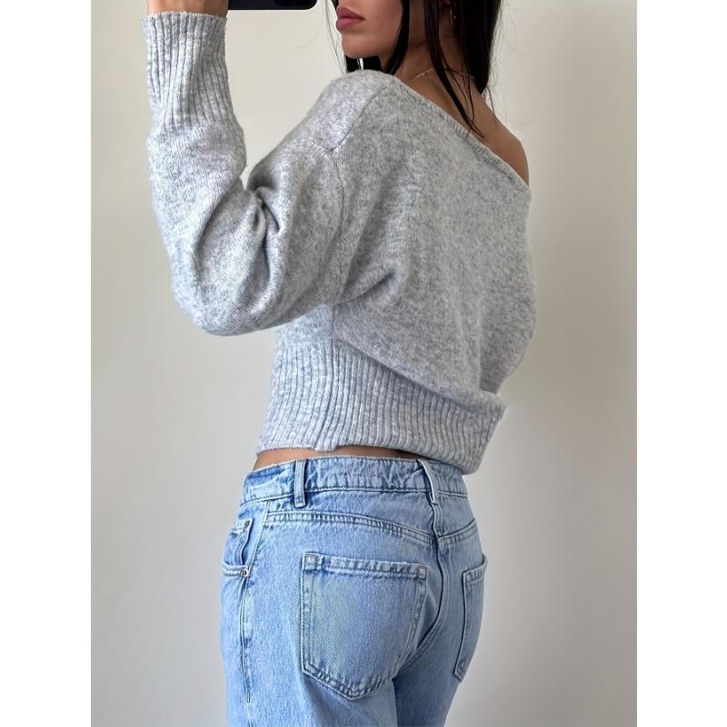 Women Loose Off Shoulder Long Sleeve Knit Cropped Sweater