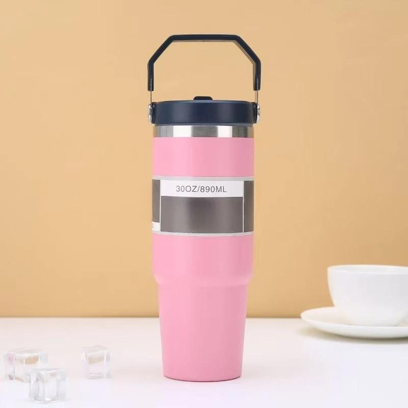 

cross-border 30oz car cold insulation Bingba cup 304 stainless steel vacuum double-layer thickened handle thermos cup| BPA-Free 30OZ рожевий