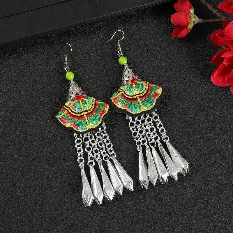 Embroidery fabric flower earrings long Miao silver fringed personalized earrings retro Miao Yunnan earrings women