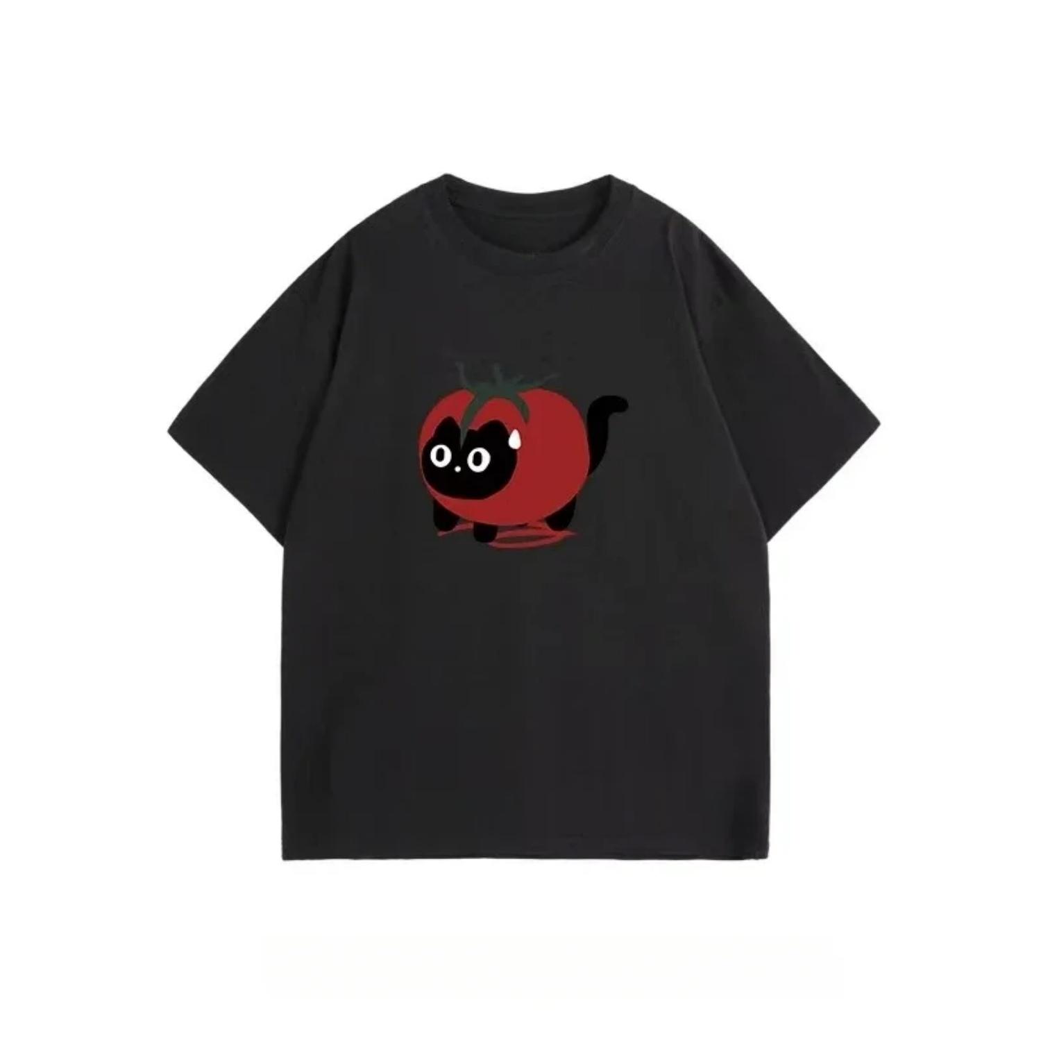 Fun Tomato Cat Printed Milk Apricot Short Sleeved Women s Summer Super Hot Sweet and Cute Wind T-shirt Couple Tops Womenclothing S