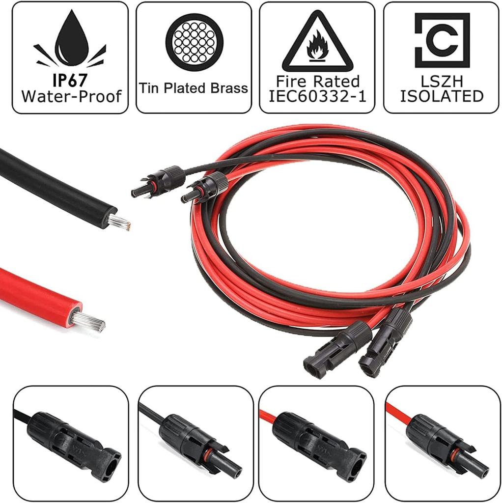 12 AWG-4mm2 Solar Panel Extension Cable Copper Wire Black and Red with Solar Connector Solar PV Cable
