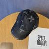 Retro Denim Washed Baseball Cap With Cross Print Design For Daily Casual Wear