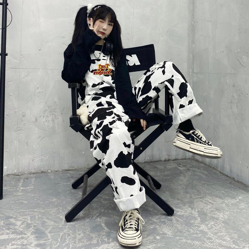 Street Hip-hop Harajuku Girl Cow Print Oneies for Women Black White Plaid Overalls Casual Jumpsuit Trousers Baggy Pants