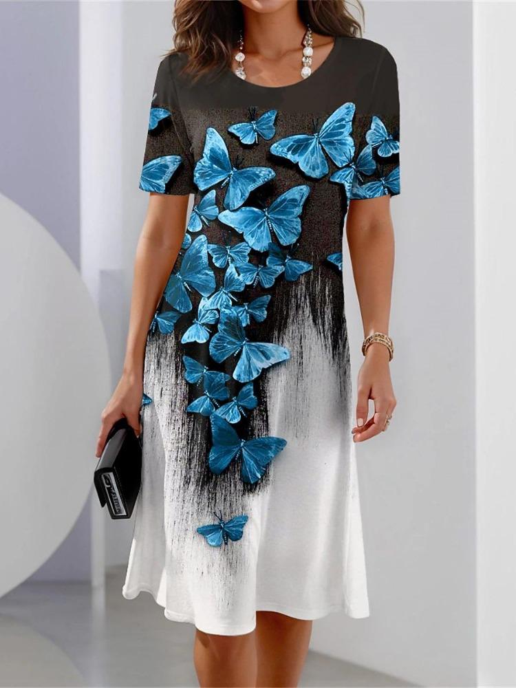 Dámské ležérní dlouhé letní šaty ve vintage stylu, pohodlný O výstřih, květinový potisk, délka ke kolenům, s kapsami