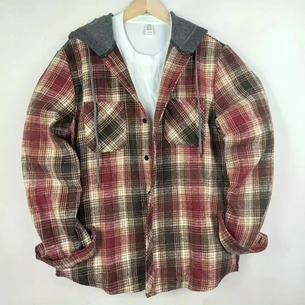 Herren Gestreift Kariert Lässig Locker Knopf Revers Langarm Kapuzen Strickjacke Hemd Jacke