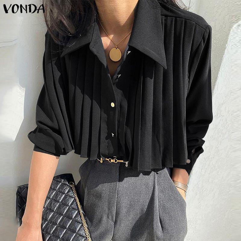 VONDA Damen Lässig Umlegekragen Elegant Gerüscht Plissee Langarm Bluse