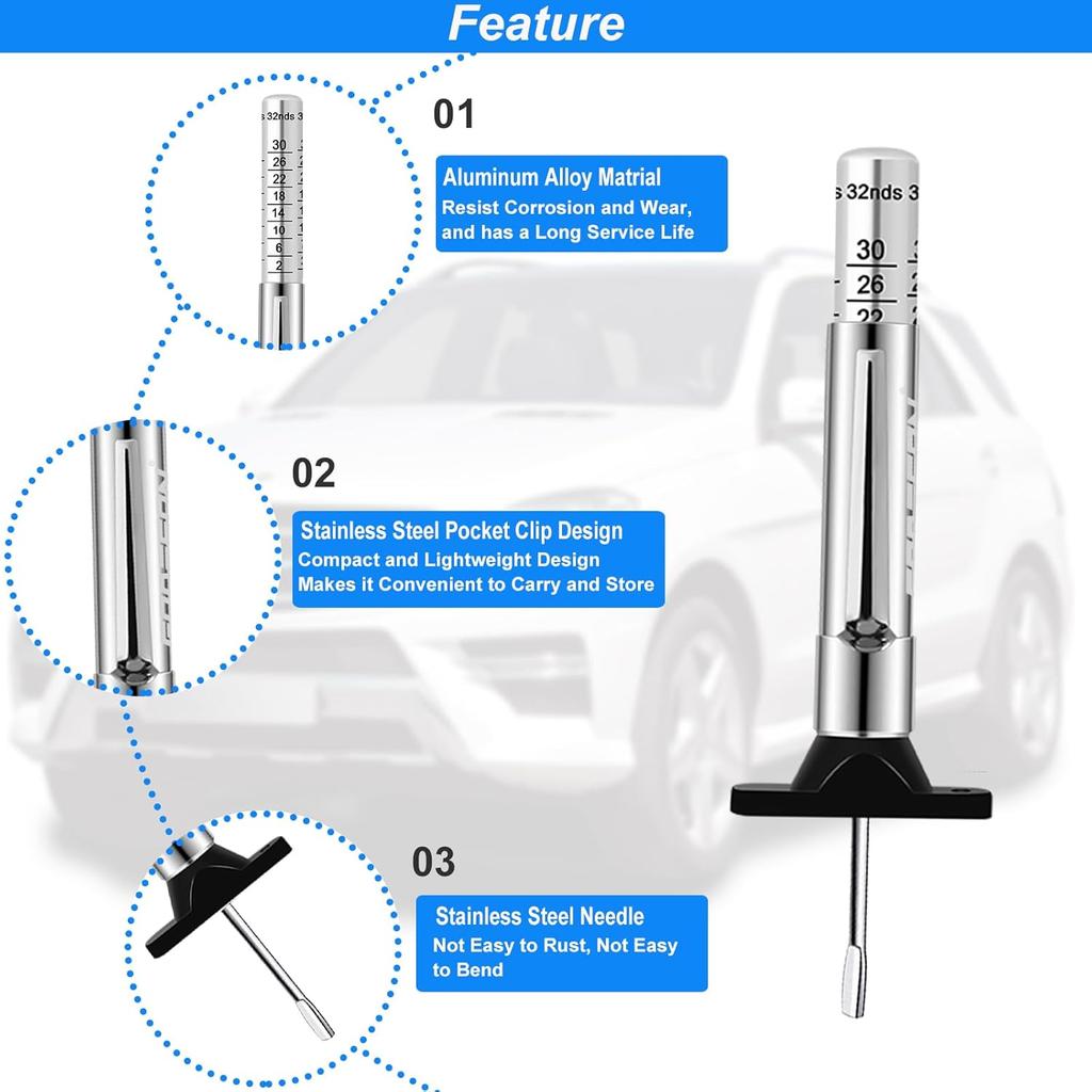 GODESON Tire Tread Depth Gauge,Metal Tread Depth Gauge with Clip,Tire Depth Gauge 32nds for car, Truck, Vehicle, Motocycler etc(Pack of 2)