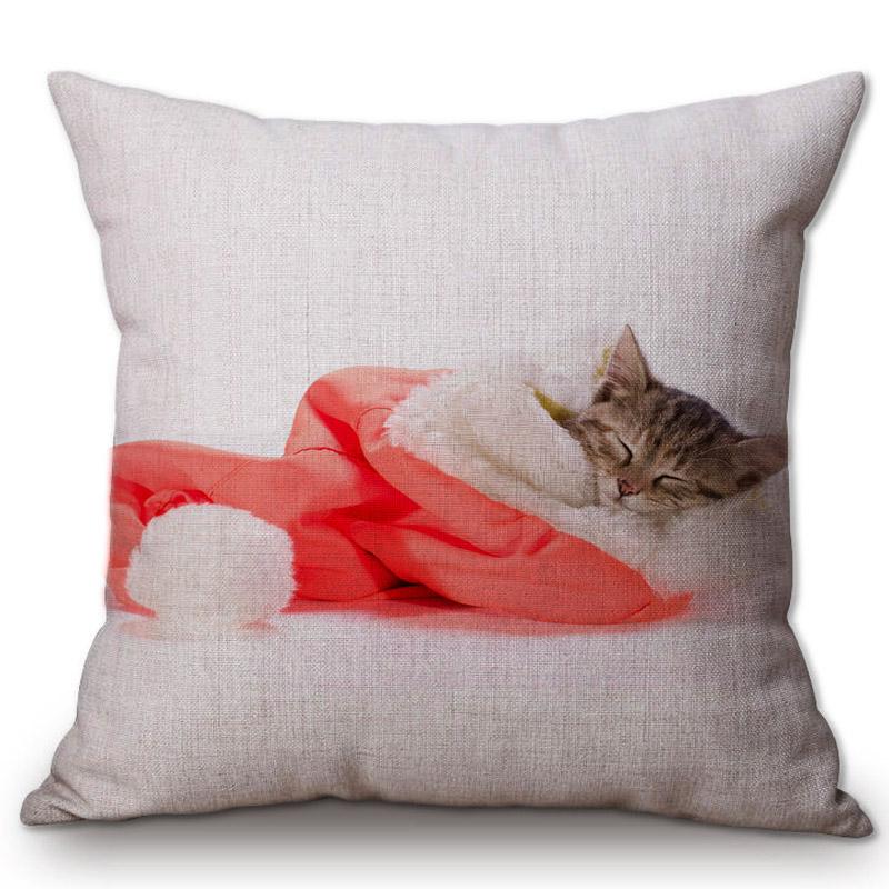 Рождественский кот, домашние декоративные подушки, хлопок, лен, красная рождественская шапка, милый квадратный чехол для подушки с котенком и кошачьим аломофада, домашний декор 450mm*450mm
