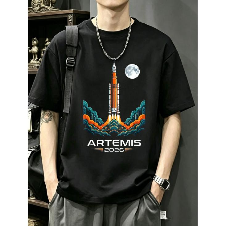 Artemis 2026 Space Rocket Launch T-Shirt Black Moon And Flame Design for Men Casual Streetwear Fashion S чёрный